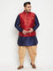 Vastramay Men's Plus Size Maroon Zari Weaved Nehru Jacket With Curved Kurta Dhoti set